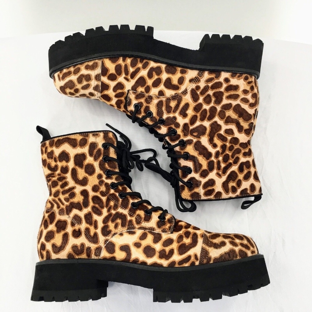 Farylrobin Womens Combat Boot Brown Calf Hair Leopard Print Platform Boot Sz 10 - Picture 6 of 11
